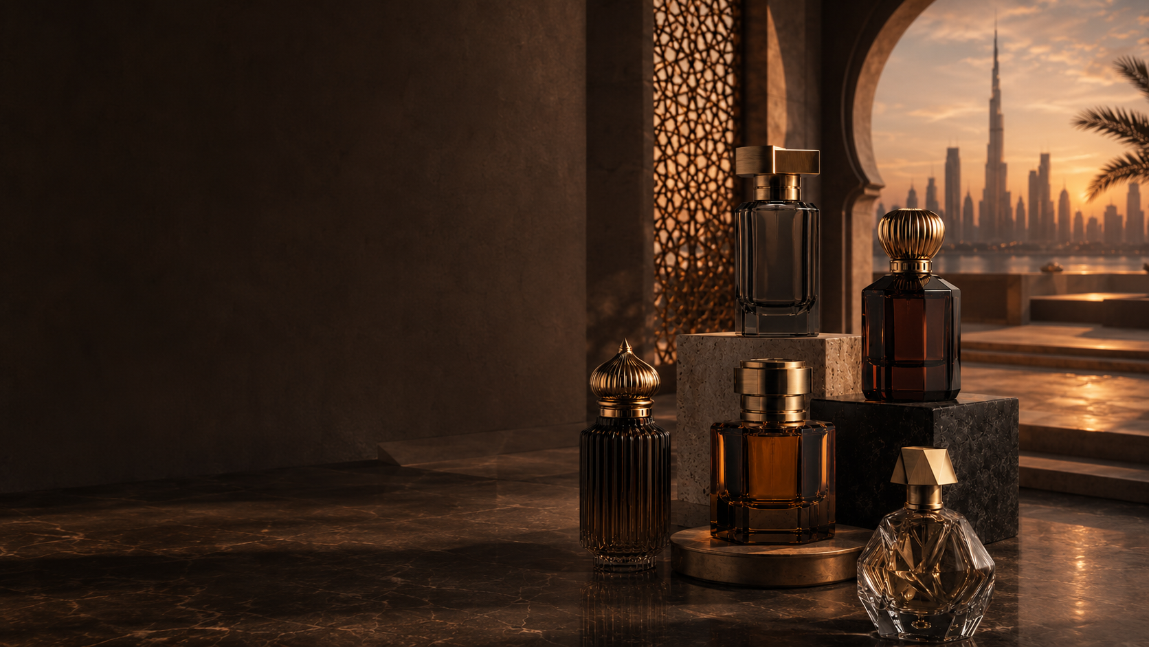 Arabian perfume bottles overlooking the Dubai skyline