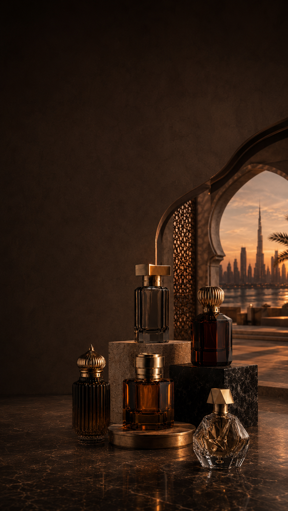 Arabian perfume bottles overlooking the Dubai skyline